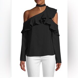 BCBGMAXAZRIA VERONIKA RUFFLE TOP IN BLACK SIZE XS
